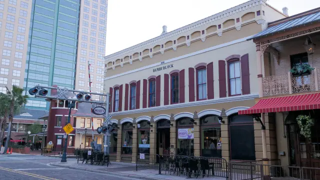 The Bumby Block building and neighboring storefronts on Church Street in Orlando.